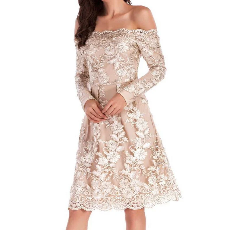 Elegant Women Off-shoulder Pattern Long Sleeves Lace Party Dress Tunics Cozy soft
