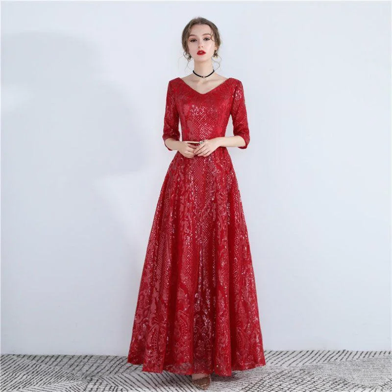Fashion Elegant Women V Neck Half Sleeves Design Red Color Floor Length Party Dress Tunics Leisure comfortable