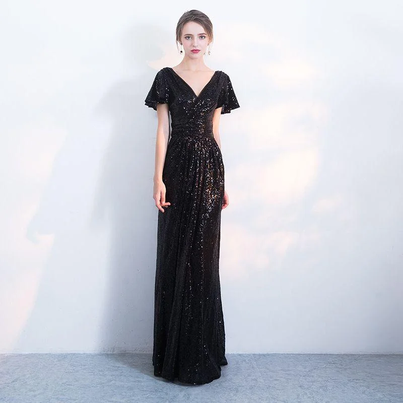 Fashion Shiny Sequin Design Women Short Sleeves Elegant Black Color Party Dress Tunics Long Elegant