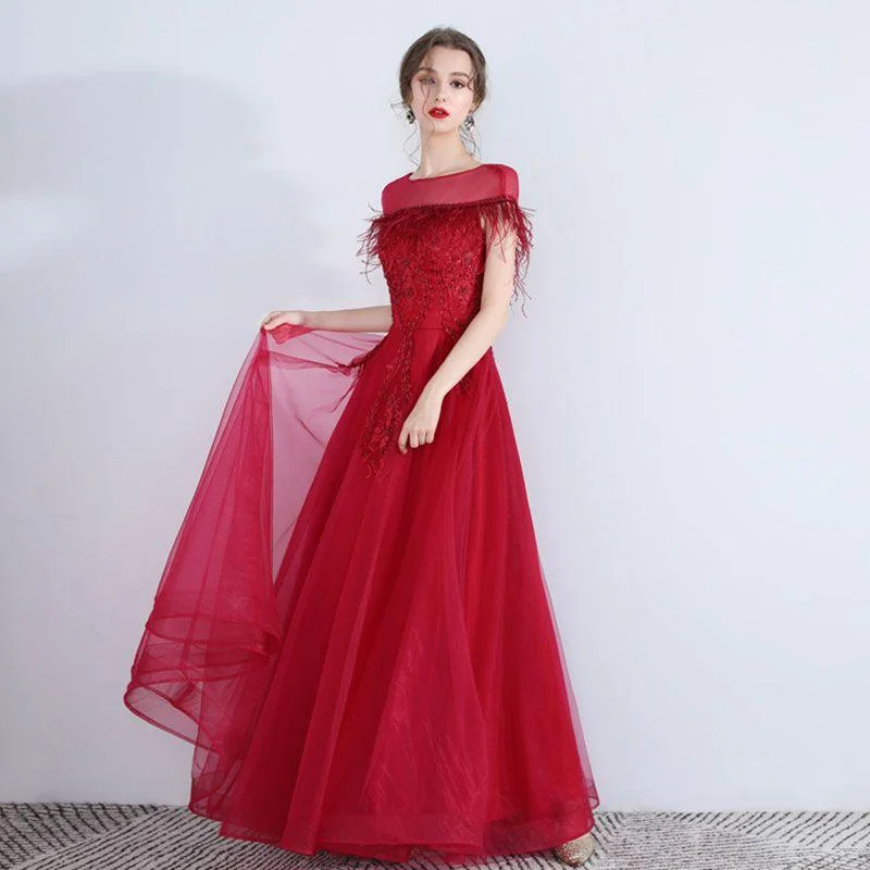 Fashion Unique Feather Edging Portrait Design Floor Length Evening Party Dress Tunics Short Trendy