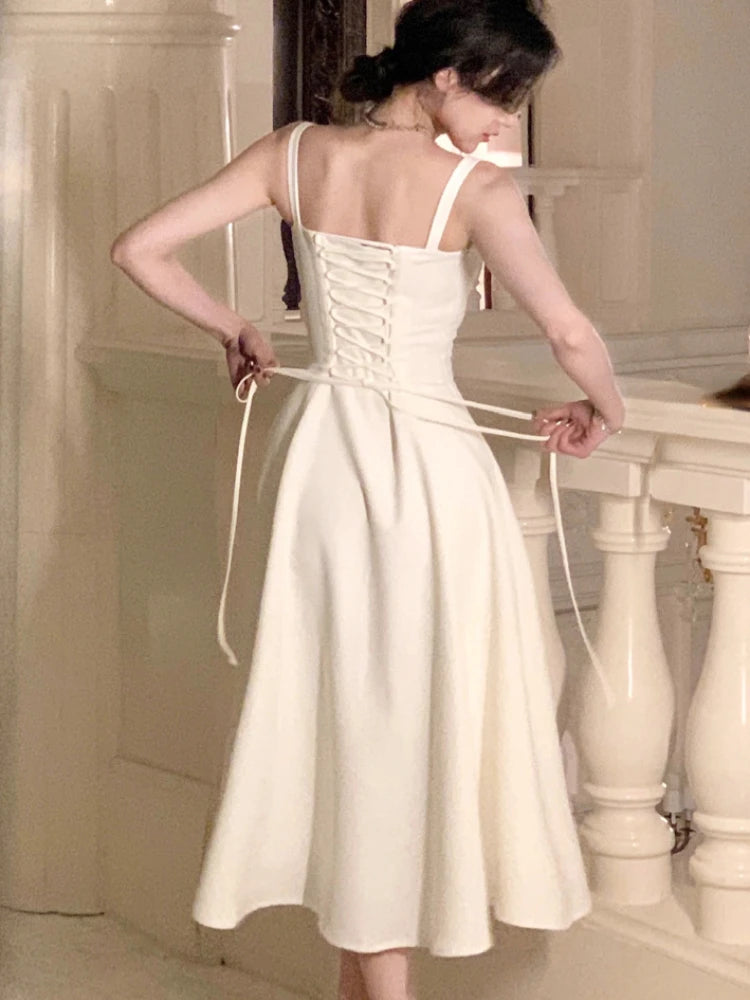 French Elegant Strap Midi Dress Office Lady Casual Even Party Dress Women Beach Sleeveless One Piece Dress Korean Summer Tunics Wedding white