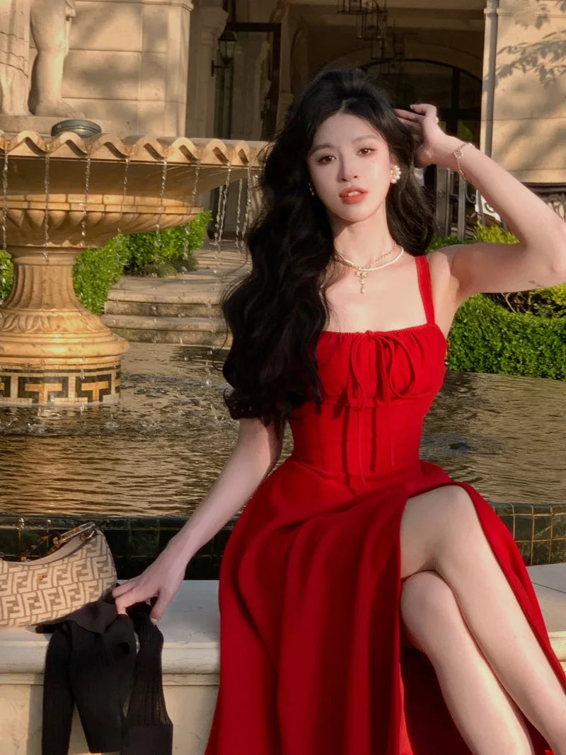French Elegant White Strap Midi Dress Summer New Casual Evening Party Dress Women Beach Sleeveless Lace-up Red Dress Korean Tunics Brand named