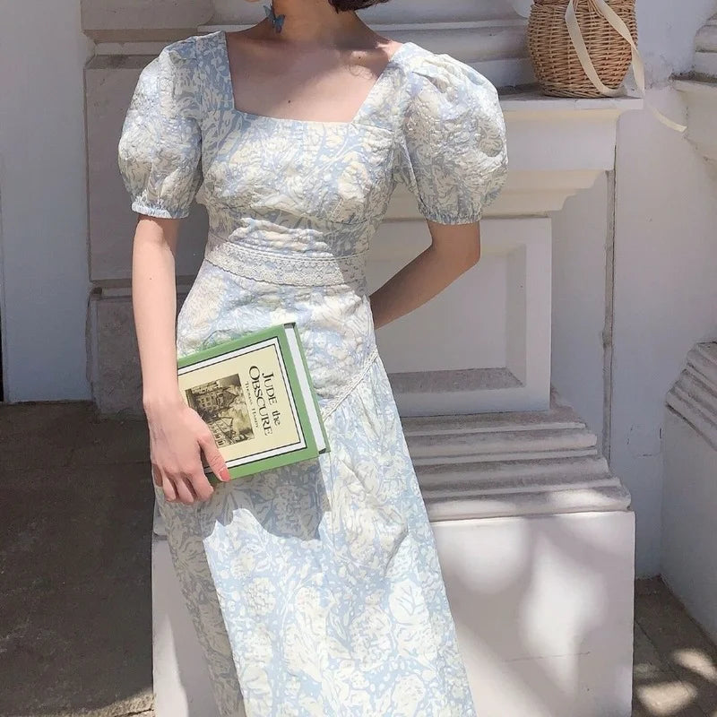 French Vintage Floral Dress Women Square Collar Design Slim Party Dress Female Chiffon Puff Sleeve Wedding Party Midi Dress 2024 Tunics Denim casual
