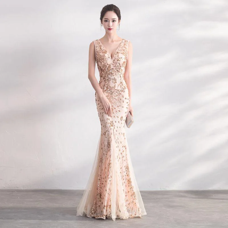 Good Quality Sequin Flower Leaf Pattern Elegant Women Fishtail Formal Party Dress Tunics Satin smooth