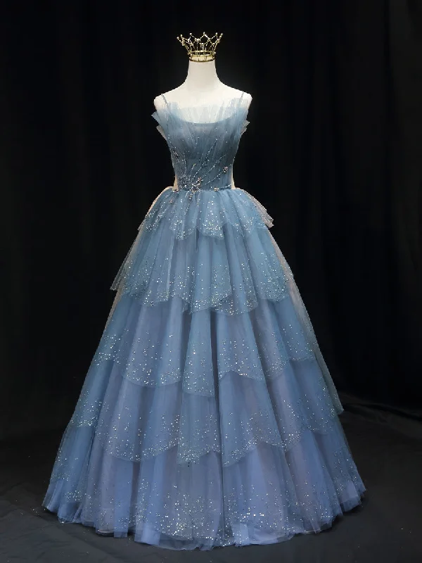 Gorgeous Blue Tulle Layers Beaded Long Wedding Party Dresses, Blue Formal Gown Tunics Yoga stretchy