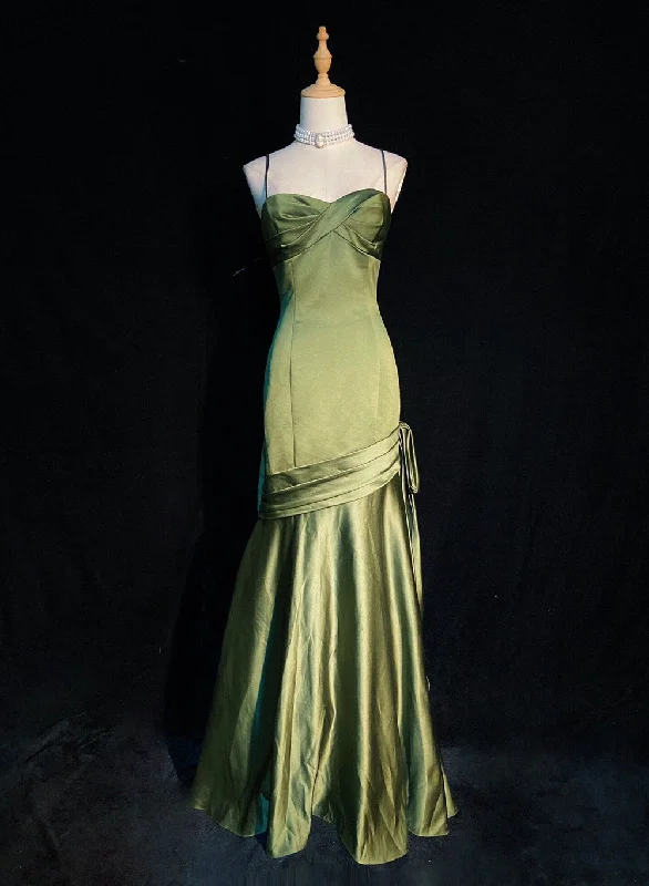 Green Satin Sweetheart Straps Long Evening Dress, Long Green Wedding Party Dress Halter Neckline Beach
