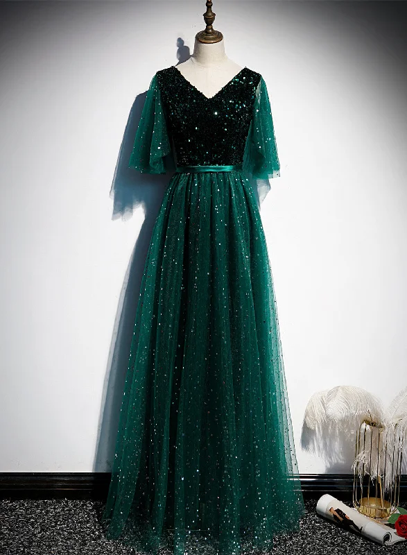 Green V-neckline Shiny Tulle Long Wedding Party Dresses, Green Formal Dresses Tunics Plaid country