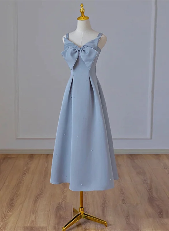 Grey Blue Tea Length Satin Straps Formal Dress, A-line Wedding Party Dress empire Waist empire