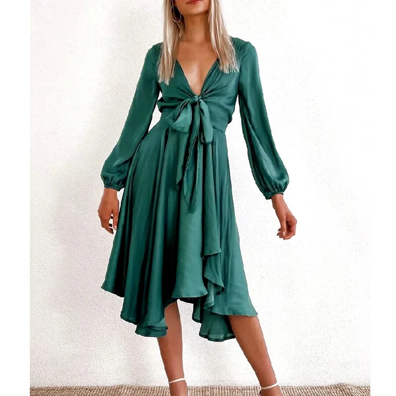 GypsyLady Vintage Chic Midi Dress Long Sleeve Autumn Chic Holiday Dress Women V-neck Bow Sexy Ruffle office Ladies Party Dresses empire Waist empire