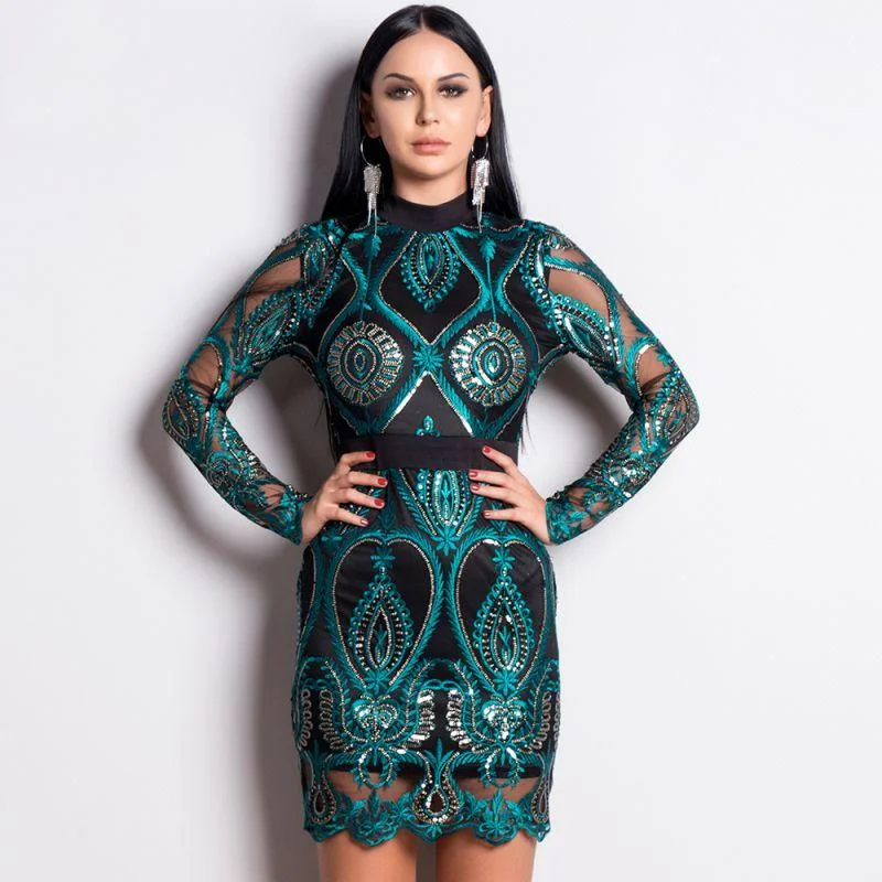 Hot Sale Unique Backless Geometric Pattern Sequin Decor Party Dress Tunics Chic elegant
