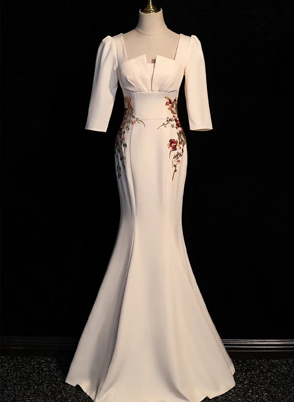Ivory Mermaid Short Sleeves Wedding Party Dress, Ivory Long Evening Dress Prom Dress Tunics Custom made