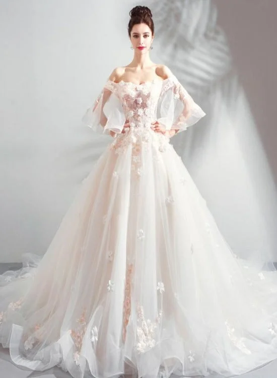 Ivory Tulle Ball Gown Sweetheart Flower Lace Long Evening Gown Party Dress, Ivory Quinceanera Dress Square Neckline Feminine
