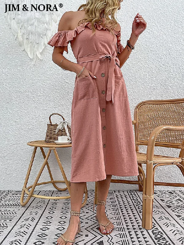 JIM & NORA Sexy Slash Neck Flounced Edge Slim Fit Bandage Buttons Backless Dress Soild Colour Midi Length Party Dresses Boat Neckline Classic
