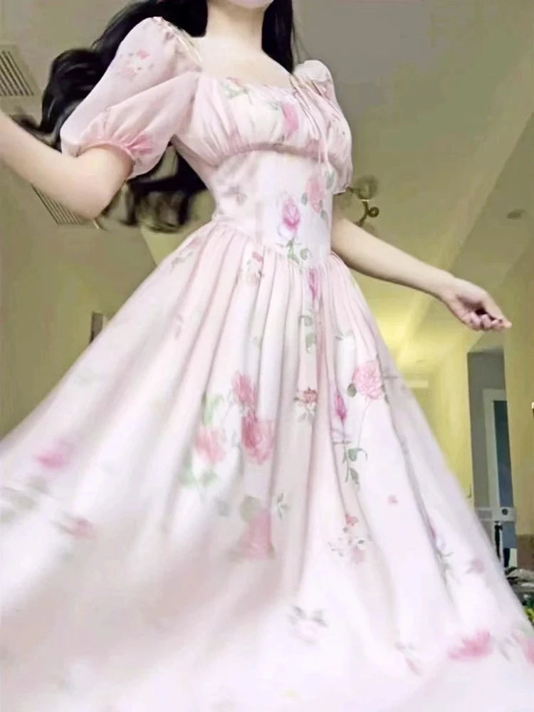 Korea Floral Print Pink Dress Women Elegant Square Collar Puff Sleeve Holiday Midi Dresses Even Party Dress Beach Korean Vestido Tunics Mesh breathable