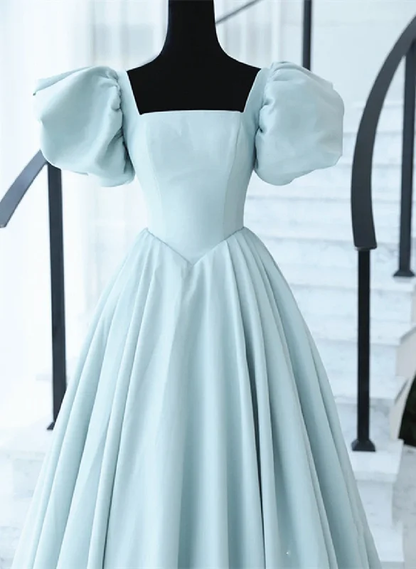 Light Blue Satin Open Back Lopng Prom Dress, Blue A-line Wedding Party Dress Turtleneck Neckline Stylish
