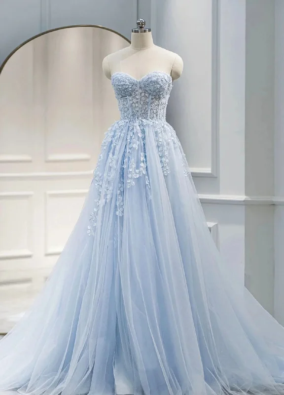 Light Blue Sweetheart Tulle with Lace Long Wedding Party Dress, Blue Prom Dress Tunics Versatile stylish