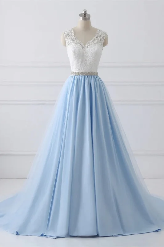 Light Blue Tulle V Back Long Party Dress with Bow, Blue Evening Dress Wedding Party Dress Tunics Seasonal trendy