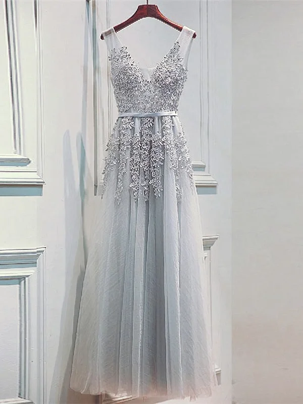 Light Sliver Grey Lace Applique V-neckline Long Party Dress, Light Grey Wedding Party Dress Tunics Luxurious premium