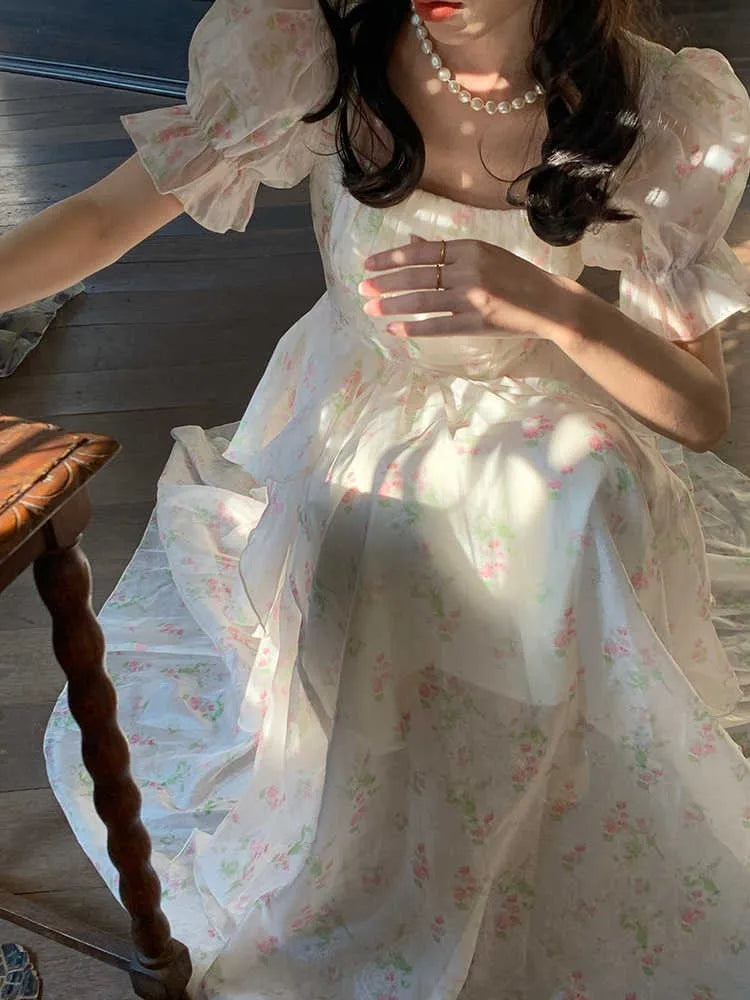 LIZAKOSHT  -  One Piece Dress Korea Fairy Floral Midi Dress Women Puff Sleeve Elegant Vintage Dress Female Party Dress Office Lady Summer Turtleneck Warm Winter