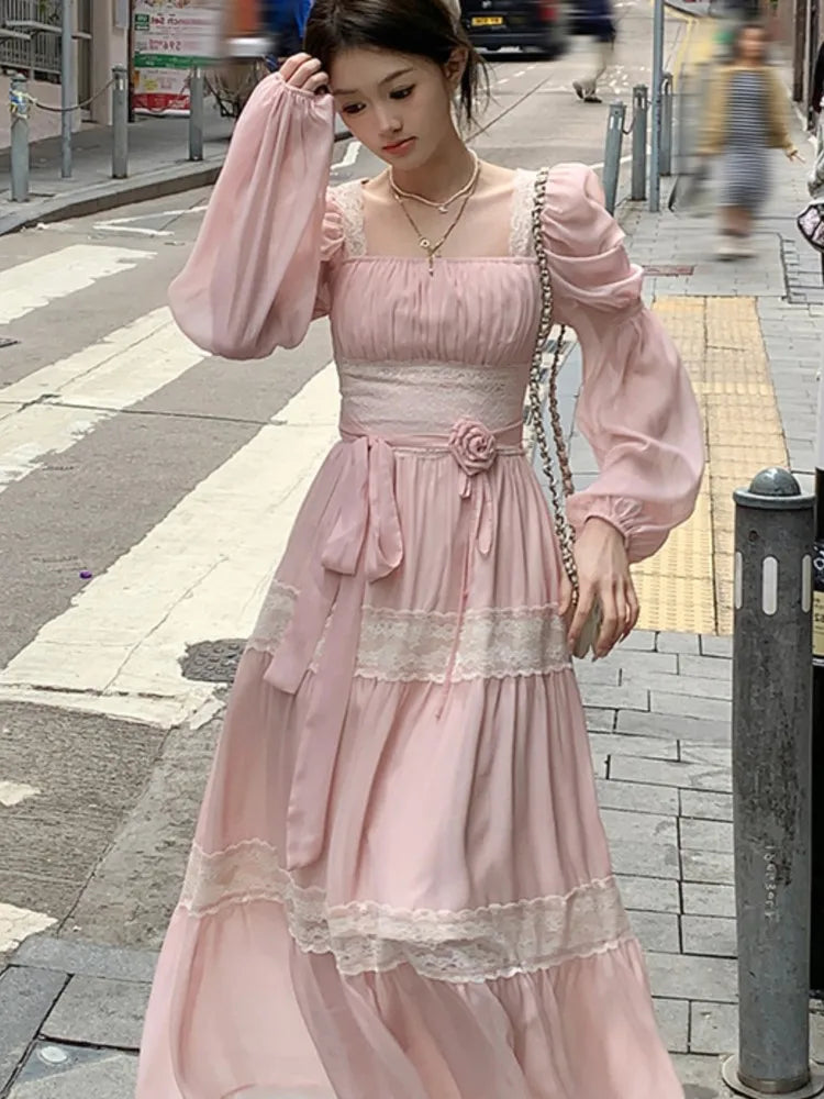 LIZAKOSHT  -  Summer Chiffon Midi Dress Women Lace Y2K Lolita Fairycore Puff Sleeve High Waist French Vintage Evening Party Dresses Prom Robe Boatneck Modish Everyday