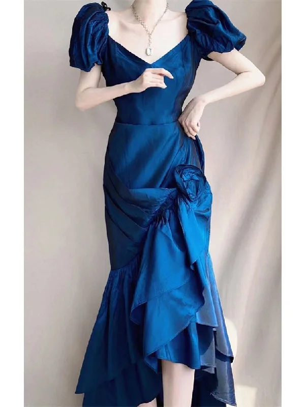 Lizakosht Women Floral Midi Dress Sexy V-Neck Hem Split Ruffles Vintage Evening Party Dresses Women Puff Sleeve Casual Dress Fashion New Tunics Practical easy-care