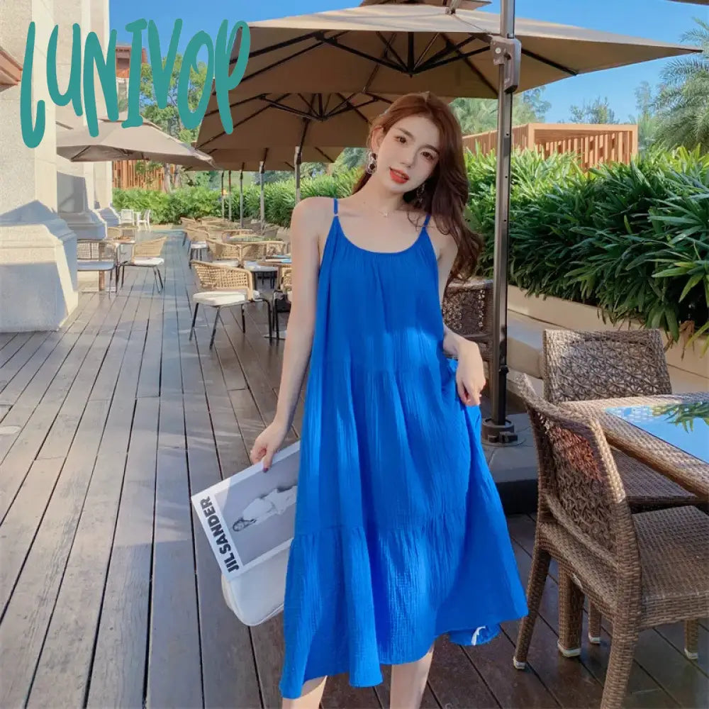 Lunivop Elegant Muslin Dress For Women Summer Sexy Spaghetti Strap Sleeveless Blue Casual Beach Holiday Party Dresses Vestidos Sundress Turtleneck Neckline Stylish
