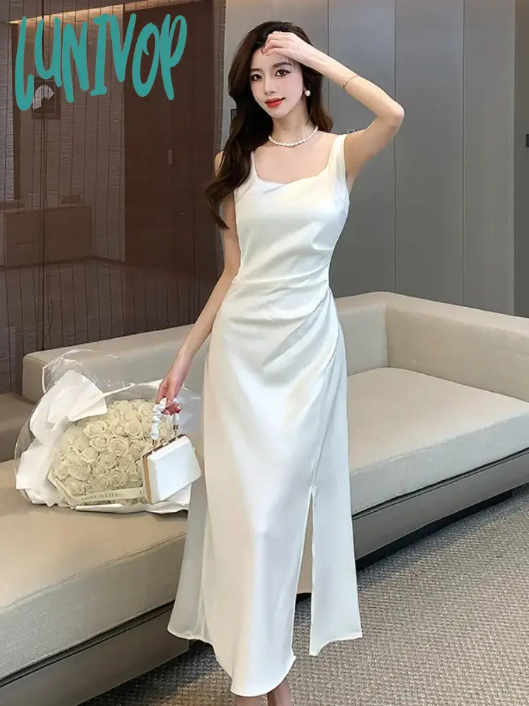 Lunivop Summer French Elegant and Stylish Square Collar Midi Party Dress For Women Sleeveless Black White Slim Vestidos Female Clothes Crew Neckline Sporty