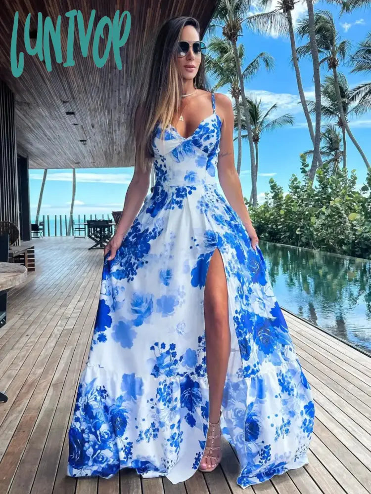 Lunivop Women Summer Floral Long Dress Lace Up Sling Party Dresses Slit Irregular Hem Ladies Hollow Out V-Neck Print Beach Vestidos Tunics Essential wardrobe