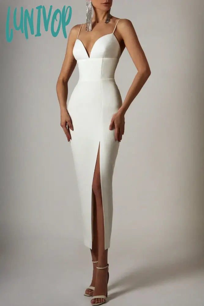 Lunivop Women Summer Sexy Sleeveless V Neck Split Knee Length Midi White Bodycon Bandage Dress Fashion Party Dress Vestido Tunics Sale discount