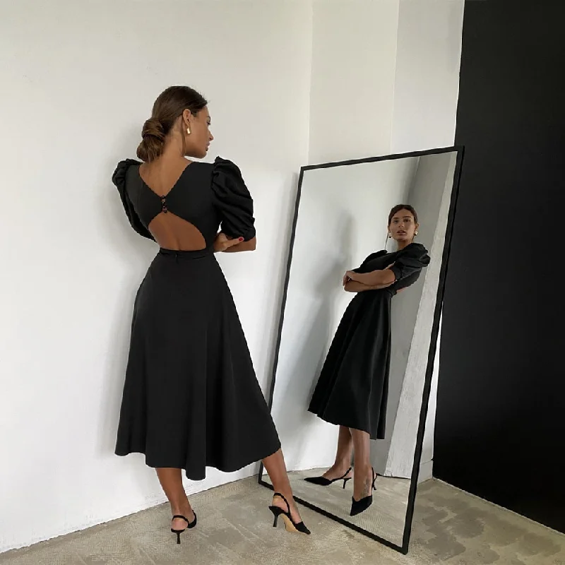 Zjkrl - O Neck Backless Midi Party Dress Summer Elegant Puff Sleeve A line Solid Folds Night Club Dresses For Women 2024 Peplum Ruffle Cocktail
