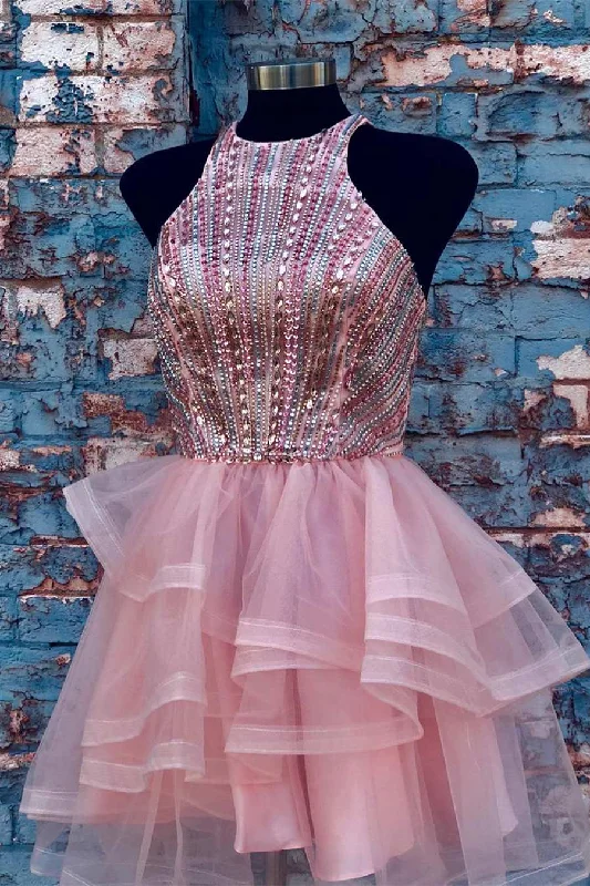 Pink Halter Beaded Short Homecoming Dress,Wedding Party Dresses Tunics Top rated