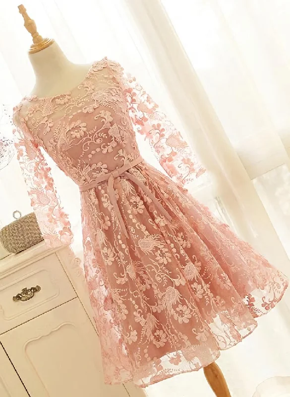 Pink Long Sleeves Lace Wedding Party Dress, Charming Party Dress Tunics Luxurious high-end