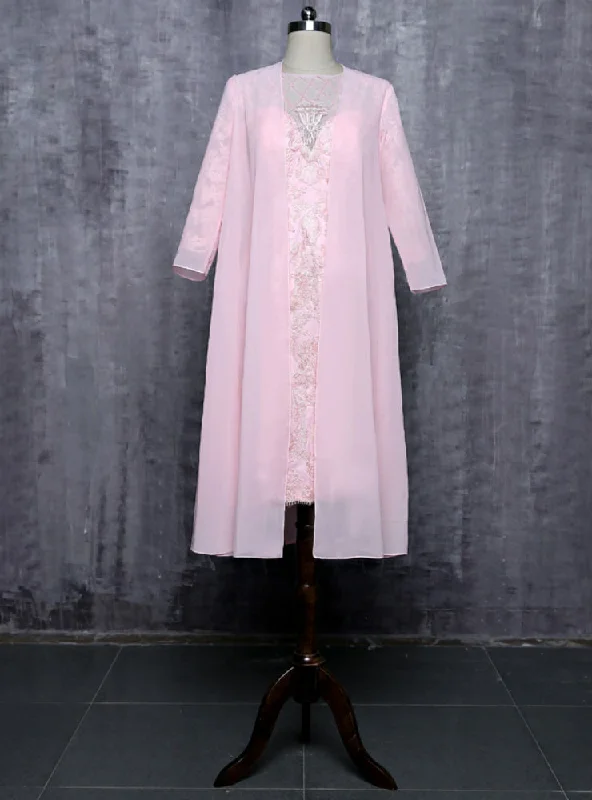 Pink Mother Of The Bride Dresses Sheath Chiffon Lace Beaded Wedding Party Dress Tunics Travel practical