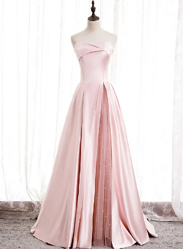 Pink Satin Long Party Dress with Pearls, Floor Length Party Dres Wedding Party Dress Tunics Summer linen