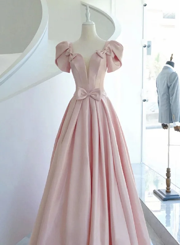 Pink Satin Long Short Sleeves Prom Dress Party Dress, Pink Formal Dress Wedding Party Dress Tunics Chinos classic