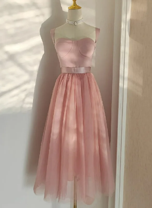 Pink Tea Length Sweetheart Tulle Party Dresses, Pink Wedding Party Dresses Tunics Trousers formal