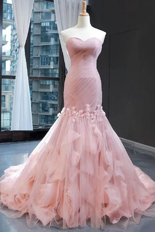 Pink Tulle Prom Dresses Sweetheart Mermaid Long Formal Dress with Ruffles,Wedding Party Dresses Tunics Favorite customer