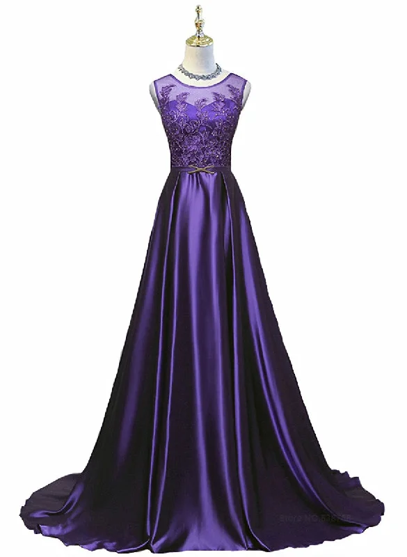 Purple Long Round Neckline Prom Dress, Satin Wedding Party Dress Tunics Brand named
