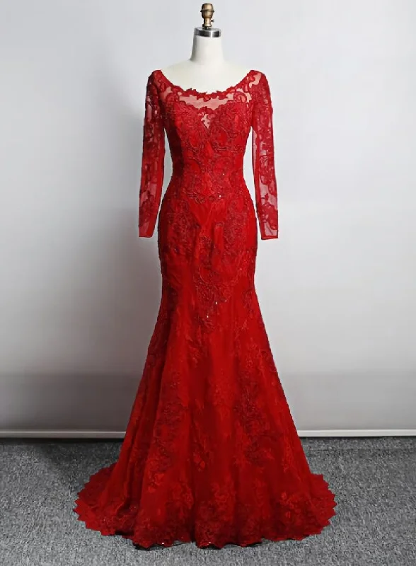 Red Lace Mermaid Long Sleeves Evening Gown, Red Lace Wedding Party Dress Tunics Review highly