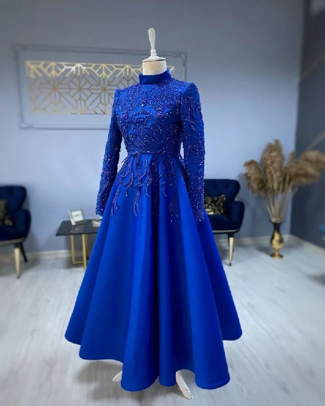 Royal blue prom dresses lace Beaded evening dress,Wedding Party Dress Shift Classic Vintage