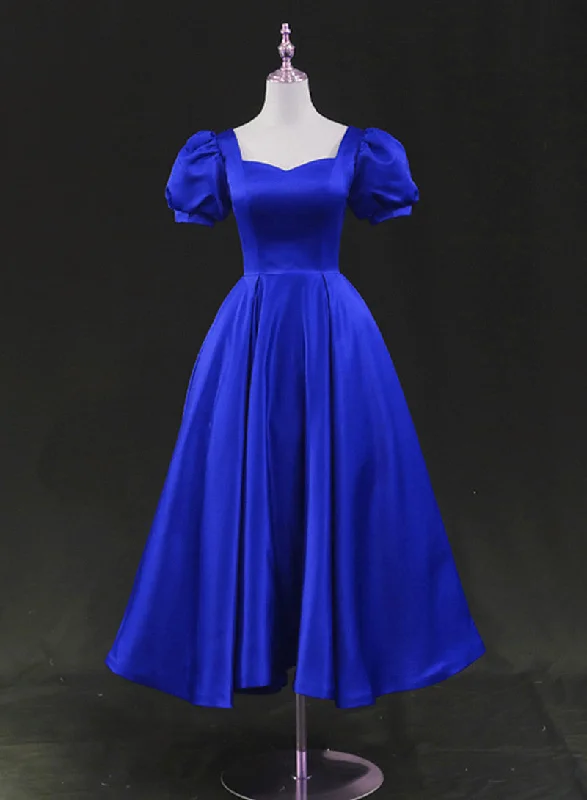 Royal Blue Satin Tea Length Wedding Party Dress, Blue Prom Homecoming Dress Tunics Denim casual