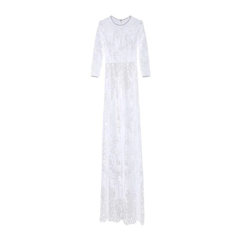 Sexy See-through Lace Design Women Long Sleeves Party Dress Pleated Skirt Elegant