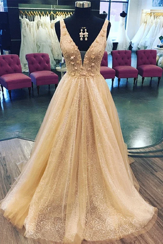Shiny A Line V Neck Champagne Floral Sequin Long Tulle Prom Dress,Wedding Party Dresses Tunics Mesh breathable