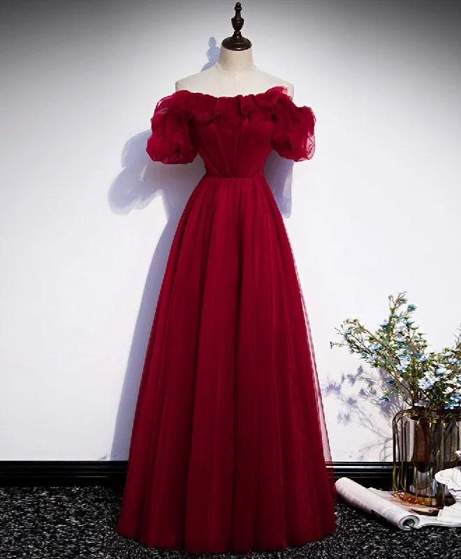 Simple A line Burgundy Long Prom Dress, Burgundy Wedding Party Dress Tunics Print Colorful