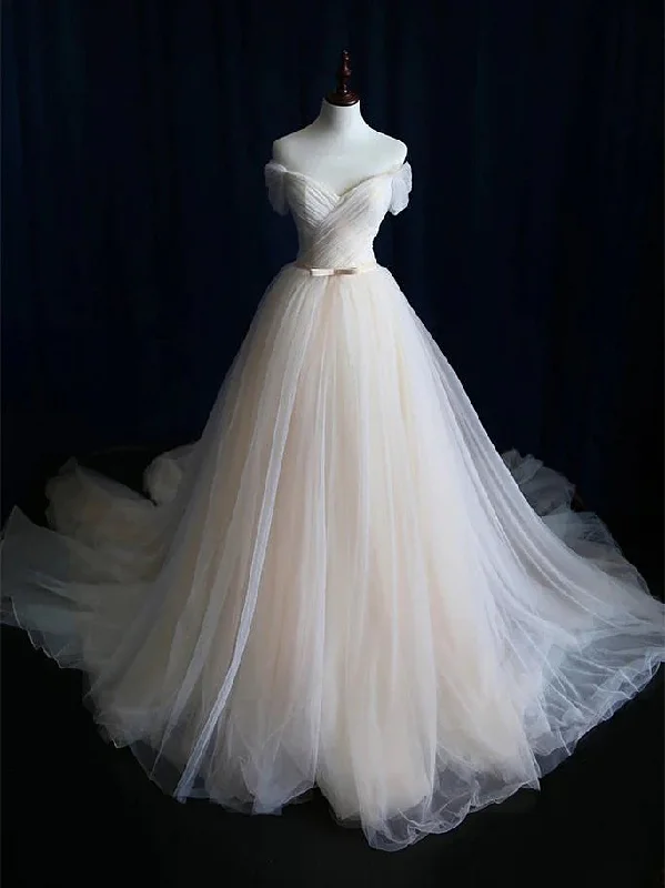 Simple Ball Gown Lace-up Ivory Tulle Off-the-shoulder Wedding Party Dress, Ivory Formal Dress Tunics Versatile functional