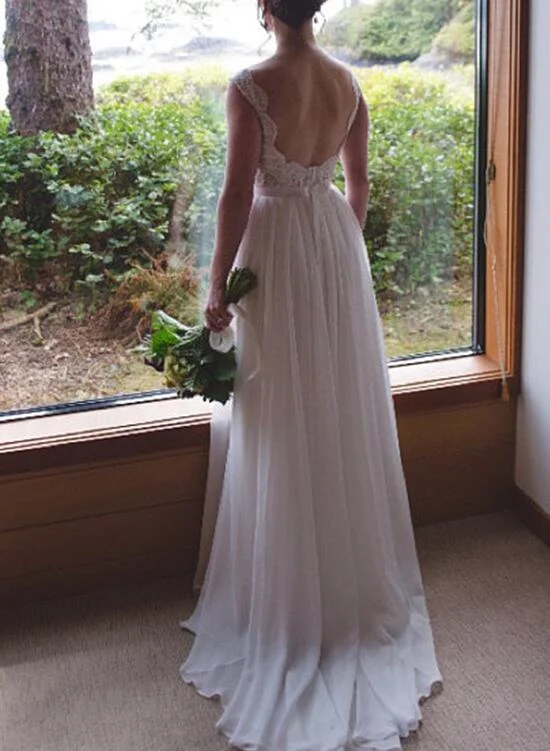 Simple Lace and Chiffon Long Bridal Gown, Wedding Party Dress, Formal Dresses Crew Neckline Sporty