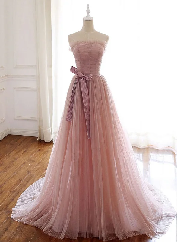 Simple Pink Fashionable Scoop Tulle Long Wedding Party Dress with Bow, Pink Long Formal Dress Tunics Fall fleece