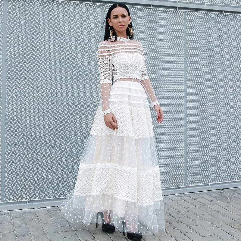 Solid Color Elegant Women Mesh Patchwork Long-sleeve Lace Party Dress Tunics Seasonal trendy