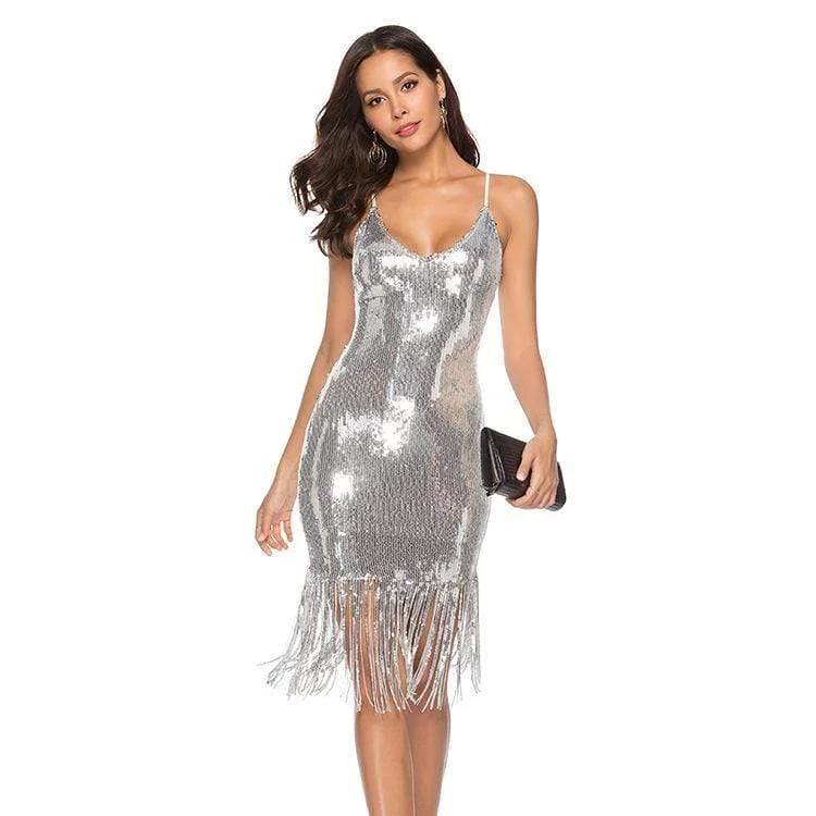 Solid Color Sleeveless Metallic Sequin Design Tassel Party Dress Glittery Long Formal