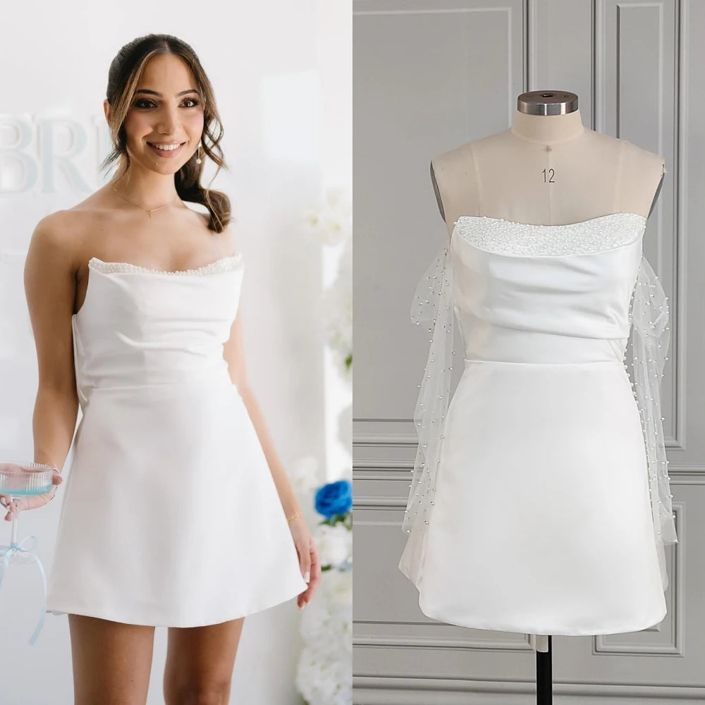 Strapless Mini Evening Party Dress For Women Wedding  Bridal Gown Tunics Bridal satin